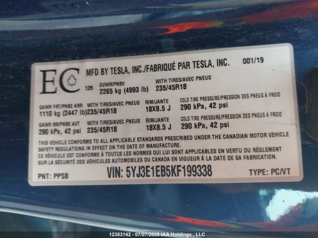 5YJ3E1EB5KF199338 Tesla 2019