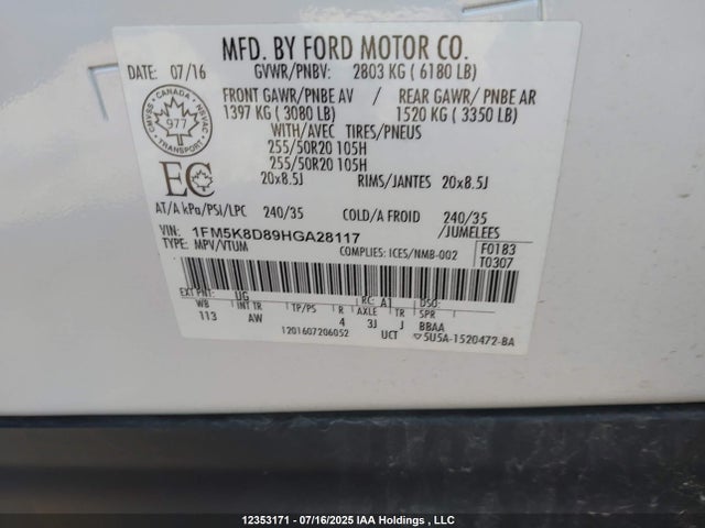1FM5K8D89HGA28117 Ford 3.5l ti-vct
