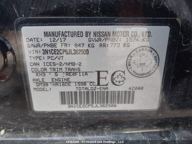 3N1CE2CP5JL362500 Nissan 2018