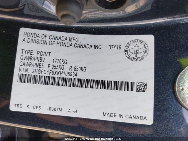 2HGFC1F9XKH105934 Honda l15b7/l15by