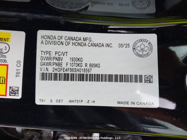 Honda lfc3 2025 2HGFE4F86SH018597 Image 18