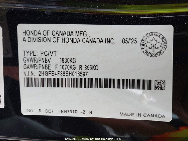 Honda lfc3 2025 2HGFE4F86SH018597 Image 9