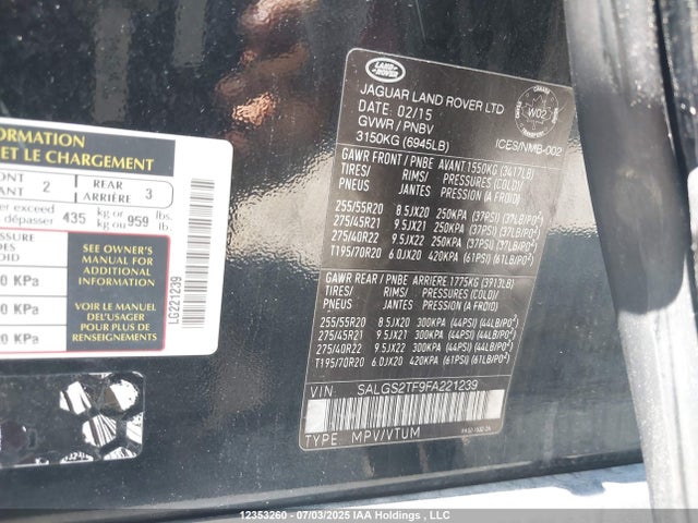 Land Rover supercharged lev2 ulev 2015 SALGS2TF9FA221239 Image 9