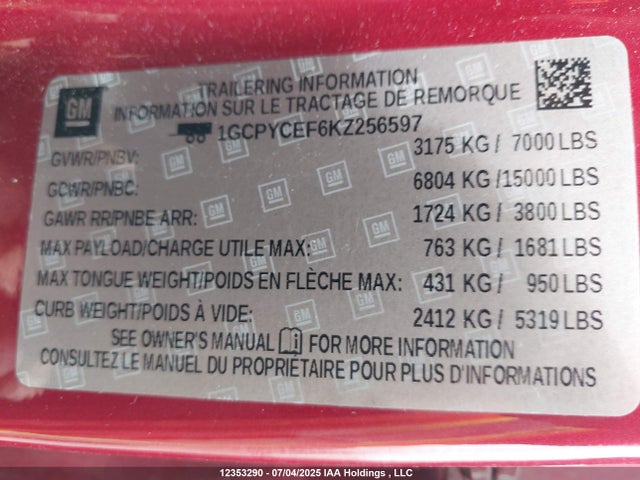 1GCPYCEF6KZ256597 Chevrolet l82 - di, afm, alum, gen 5, var 1