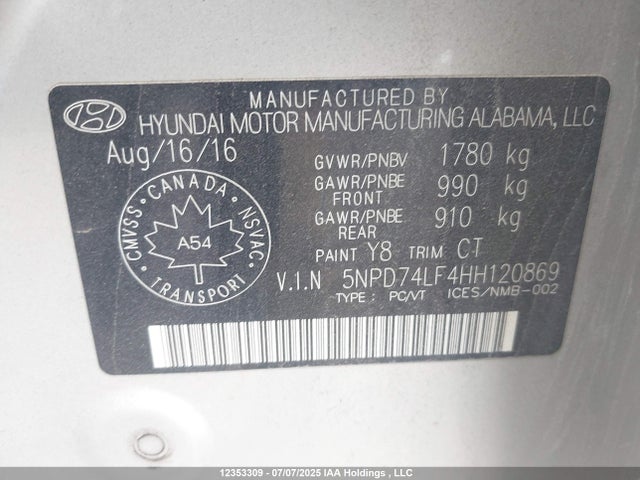 5NPD74LF4HH120869 Hyundai Elantra