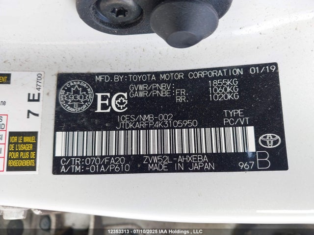 JTDKARFP4K3105950 Toyota 2zr-fxe+1nm