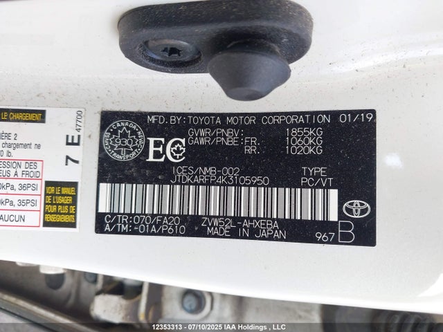 JTDKARFP4K3105950 Toyota 2zr-fxe+1nm