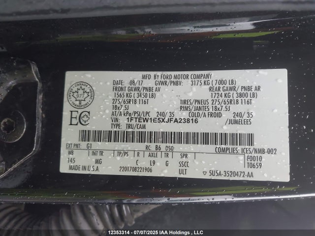 Ford 5.0l 4v 2018 1FTEW1E5XJFA23816 Image 9