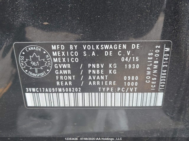 3VWC17AU9FM508202 Volkswagen 2015