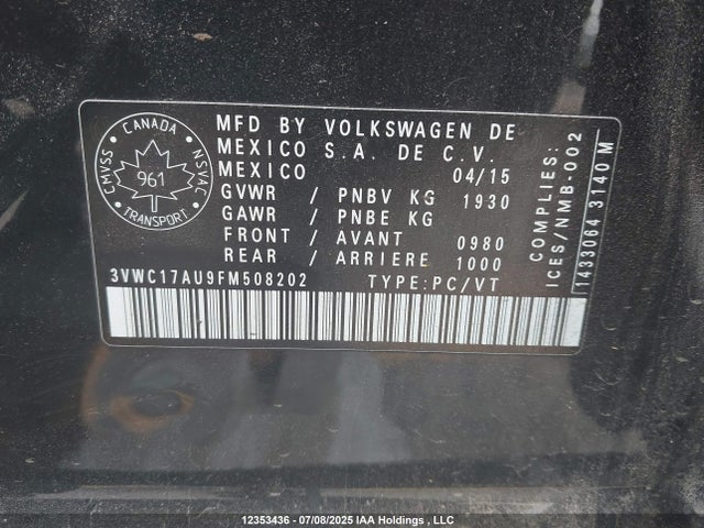 3VWC17AU9FM508202 Volkswagen 2015