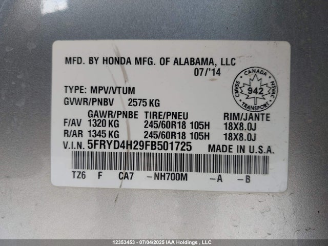 Acura j35y5 2015 5FRYD4H29FB501725 Image 9