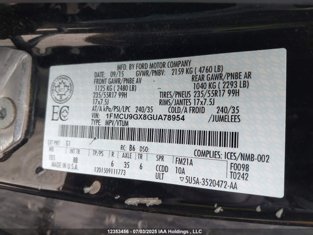 1FMCU9GX8GUA78954 Ford 2016