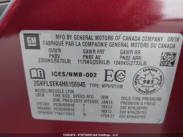 2GKFLSEK4H6156945 GMC lea - sidi: spark ignited direct injection, e85 max, alum