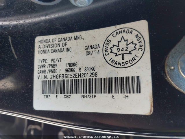 Honda k24z7 2014 2HGFB6E52EH201298 Image 9