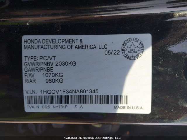 1HGCV1F34NA801345 Honda l15be