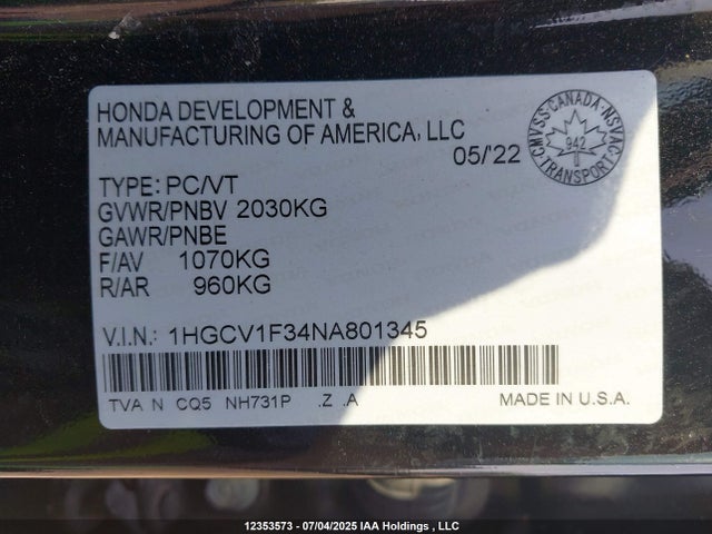1HGCV1F34NA801345 Honda l15be