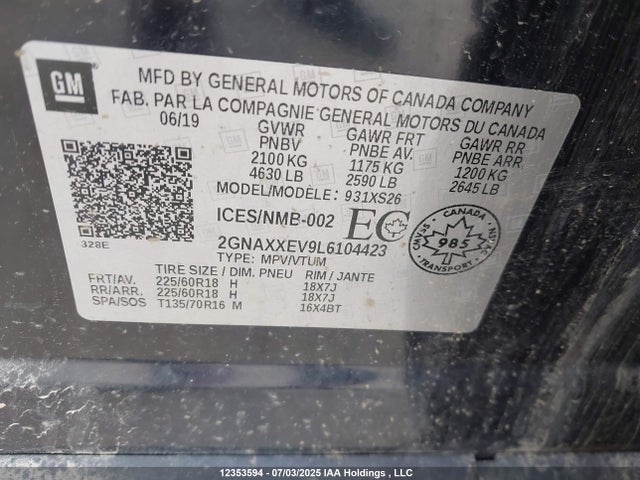 Продажа на аукционе авто 2020 Chevrolet Equinox Premier, vin: 2GNAXXEV9L6104423, номер лота: 12353594