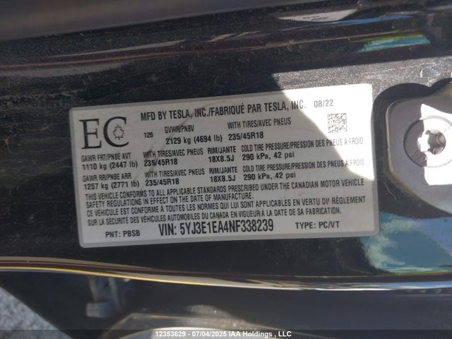 Tesla MODEL 3 2022 5YJ3E1EA4NF338239 Image 9
