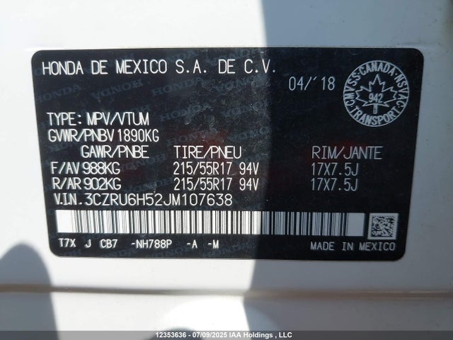 Honda r18z9 2018 3CZRU6H52JM107638 Image 9