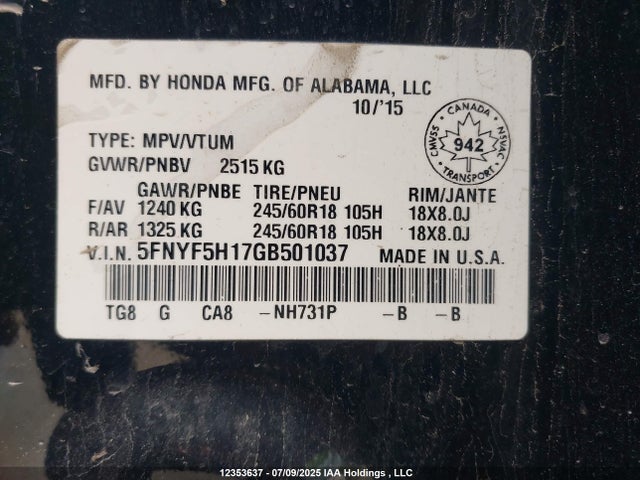 5FNYF5H17GB501037 Honda j35y6