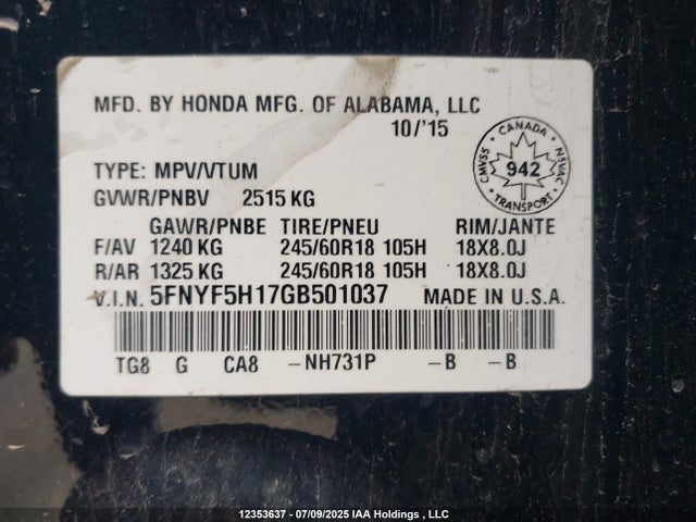 5FNYF5H17GB501037 Honda j35y6