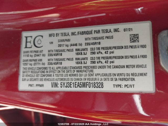 Tesla MODEL 3 2021 5YJ3E1EA5MF018328 Image 18