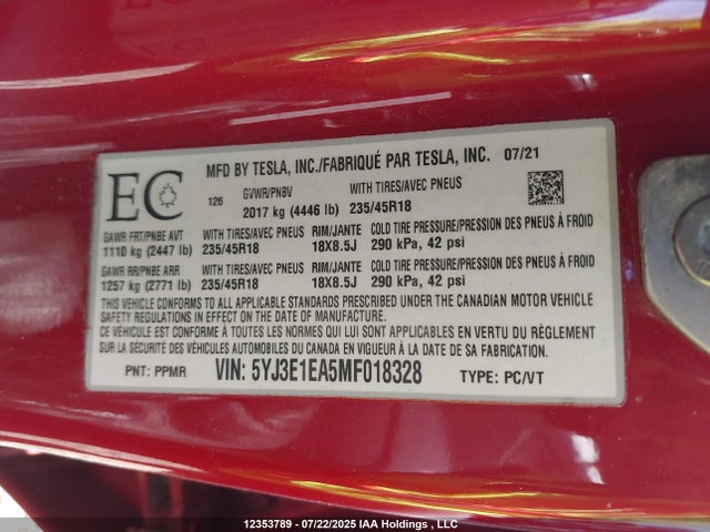 Tesla MODEL 3 2021 5YJ3E1EA5MF018328 Image 9