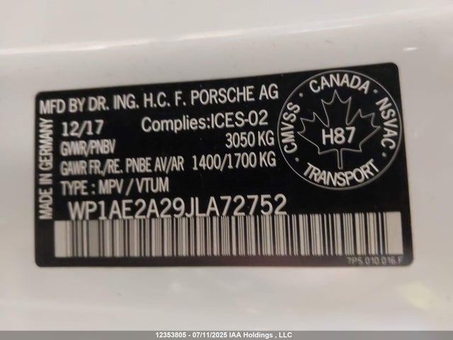 Porsche 2018 2018 WP1AE2A29JLA72752 Image 9