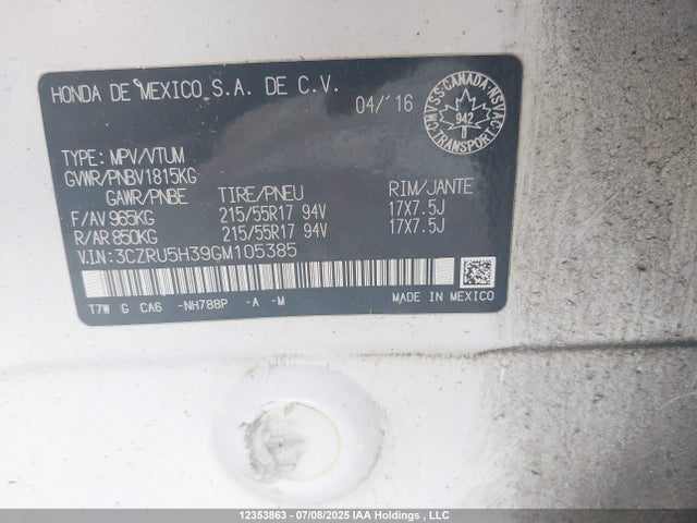 3CZRU5H39GM105385 Honda r18z9