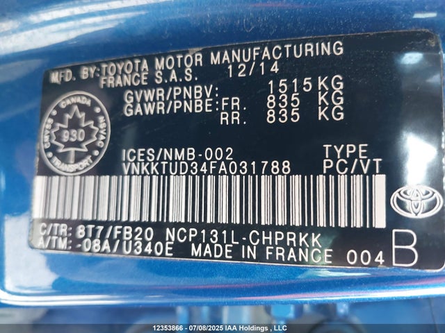 VNKKTUD34FA031788 Toyota 1nz-fe