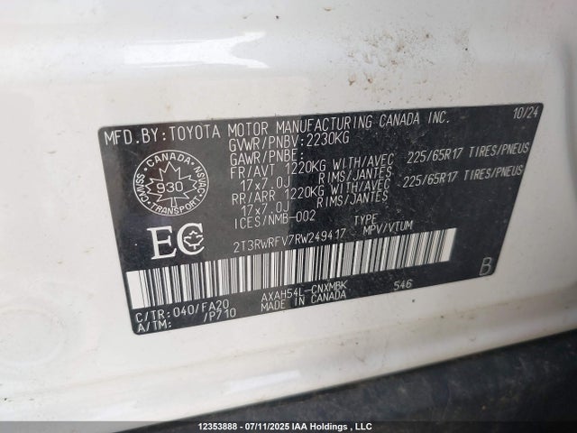 2T3RWRFV7RW249417 Toyota a25a-fxs