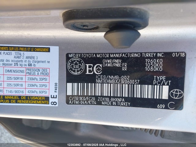 NMTKHMBX2JR060037 Toyota 3zr-fae