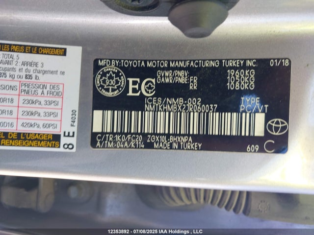 NMTKHMBX2JR060037 Toyota 3zr-fae