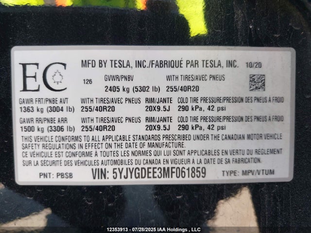 5YJYGDEE3MF061859 Tesla Model Y