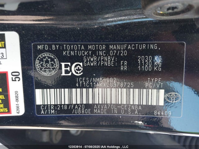 4T1C11AKXLU978725 Toyota a25a-fks