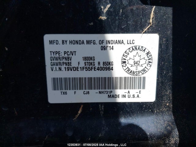 Acura r20a5 2015 19VDE1F55FE400964 Image 9