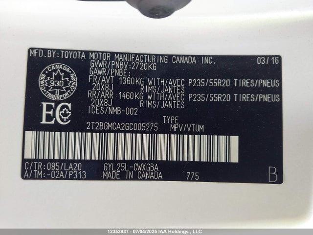 2T2BGMCA2GC005275 Lexus RX