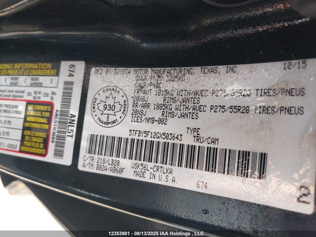5TFBY5F12GX503643 Toyota 3ur-fe