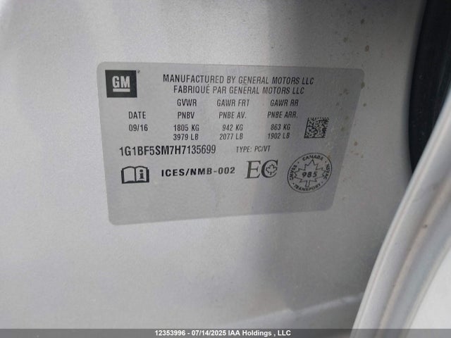 1G1BF5SM7H7135699 Chevrolet le2 -di: direct injection, vvt: variable valve timing, gen, alum