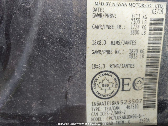 1N6AA1E58KN523507 Nissan Titan