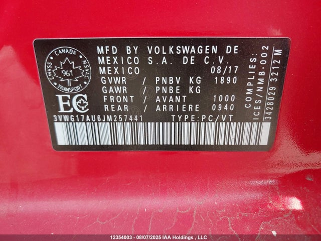 3VWG17AU6JM257441 Volkswagen 2018