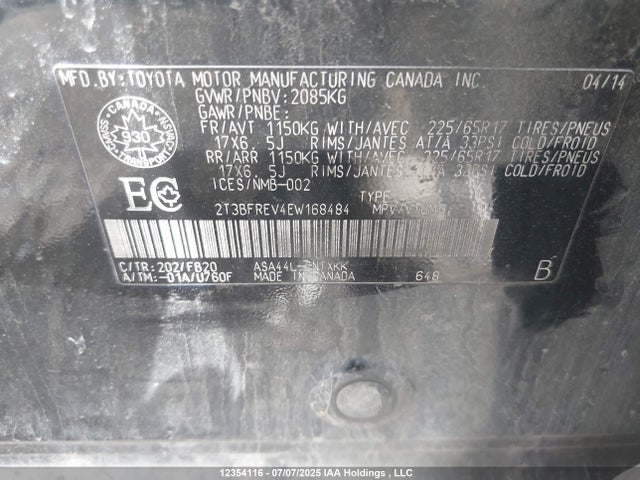 Toyota 2ar-fe 2014 2T3BFREV4EW168484 Image 9