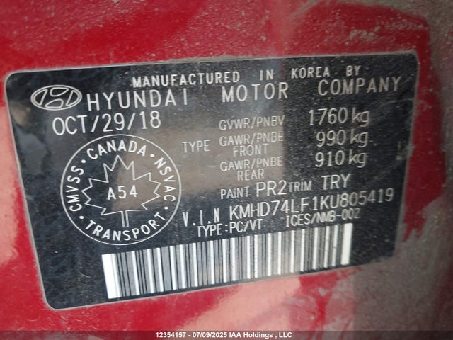 KMHD74LF1KU805419 Hyundai mpi nu