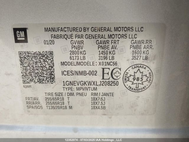 1GNEVGKWXLJ208250 Chevrolet lfy - spark ignited direct injection, atss, gen 1