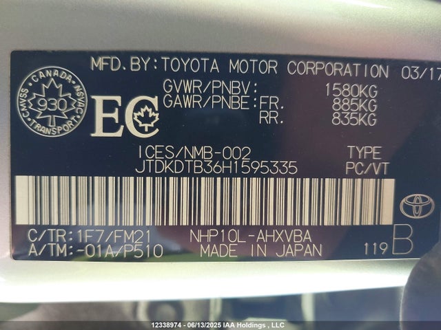 JTDKDTB36H1595335 Toyota 1nz-fxe+1lm