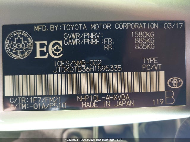 JTDKDTB36H1595335 Toyota 1nz-fxe+1lm