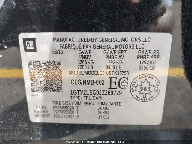 1GTV2LEC0JZ369779 GMC l83 -spark ignited direct injection, variable valve timing, afm, e85 max, alum