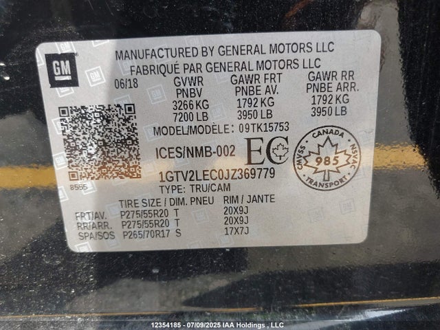 1GTV2LEC0JZ369779 GMC l83 -spark ignited direct injection, variable valve timing, afm, e85 max, alum