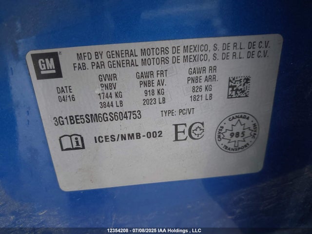 3G1BE5SM6GS604753 Chevrolet le2 - di: direct injection, alum, vvt, gen i, gmna