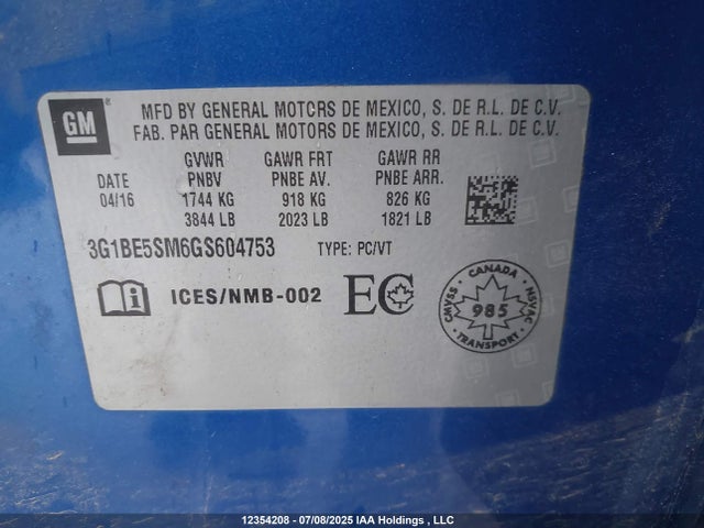3G1BE5SM6GS604753 Chevrolet le2 - di: direct injection, alum, vvt, gen i, gmna